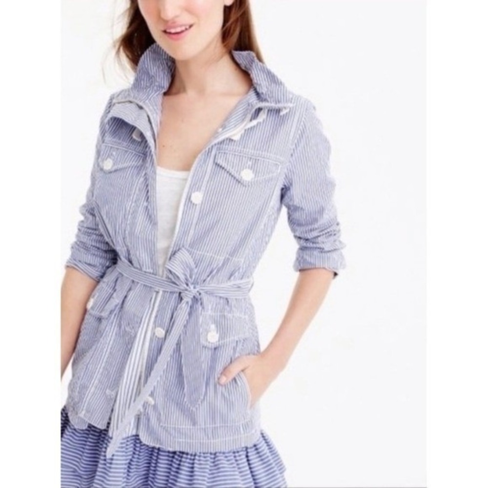 J.Crew Blue White Striped Cotton Field Utility Jacket PS Preppy Coastal Luxury